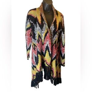 Bohemian cottage core wizard zigzag cloak shawl sweater cardigan with fringe M